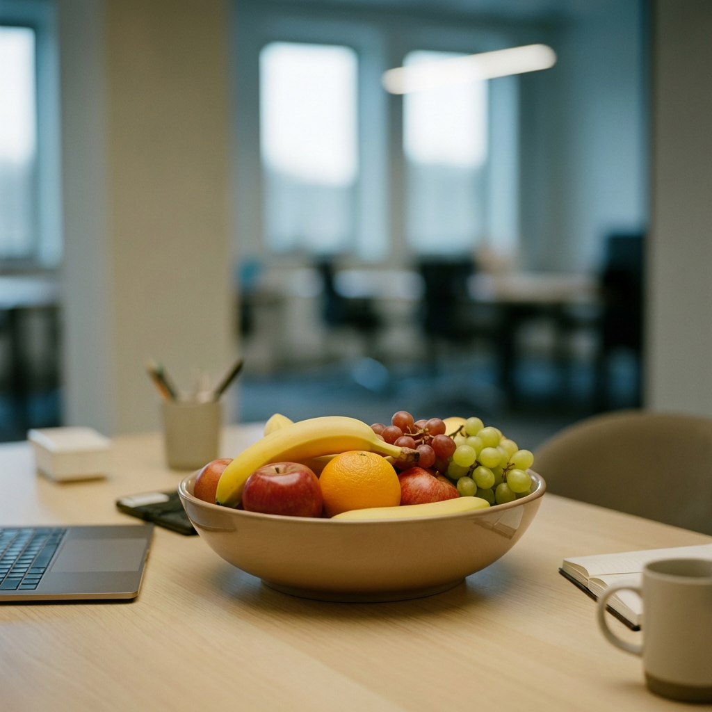 Obstschale mit frischem Obst auf einem Schreibtisch im Büro